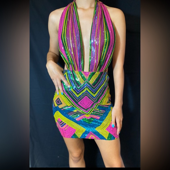 Fashion nova dress, mini multicoloured sequin party cocktail dress - Picture 1 of 16